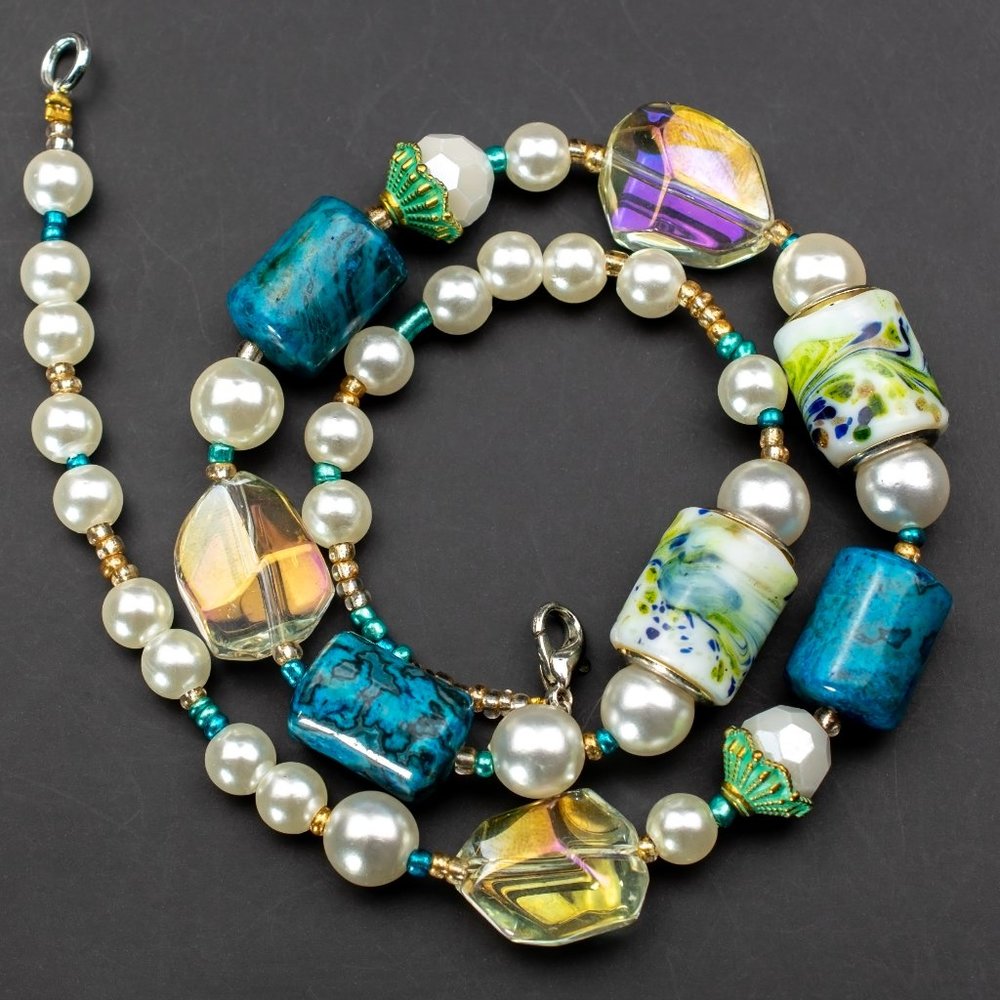 Colorful multi beads and pearl choker necklace, handmade y2k jewelry